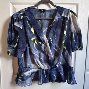 DKNY Peplum Hem Puffed Sleeve Top Blue & Yellow Abstract Paint Splatter Print XL